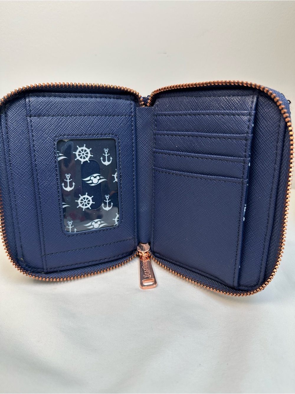 Disney Cruise Line Loungefly Navy Sequin Bow Zip Wallet Rose-Gold Anchor - Picture 8 of 9